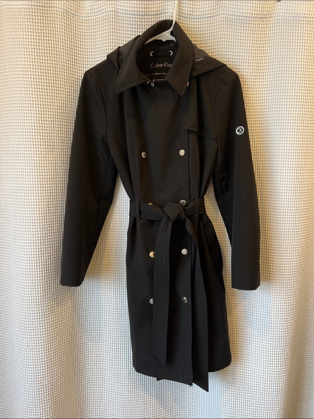 Calvin Klein Black Double-Breasted Hooded Trench with Belt